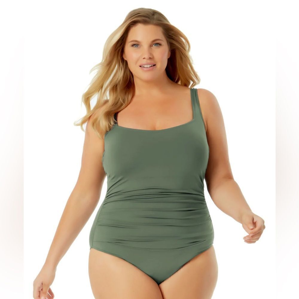 Anne Cole size 24W Square Neck Shirred One Piece new NWT green swimsuit